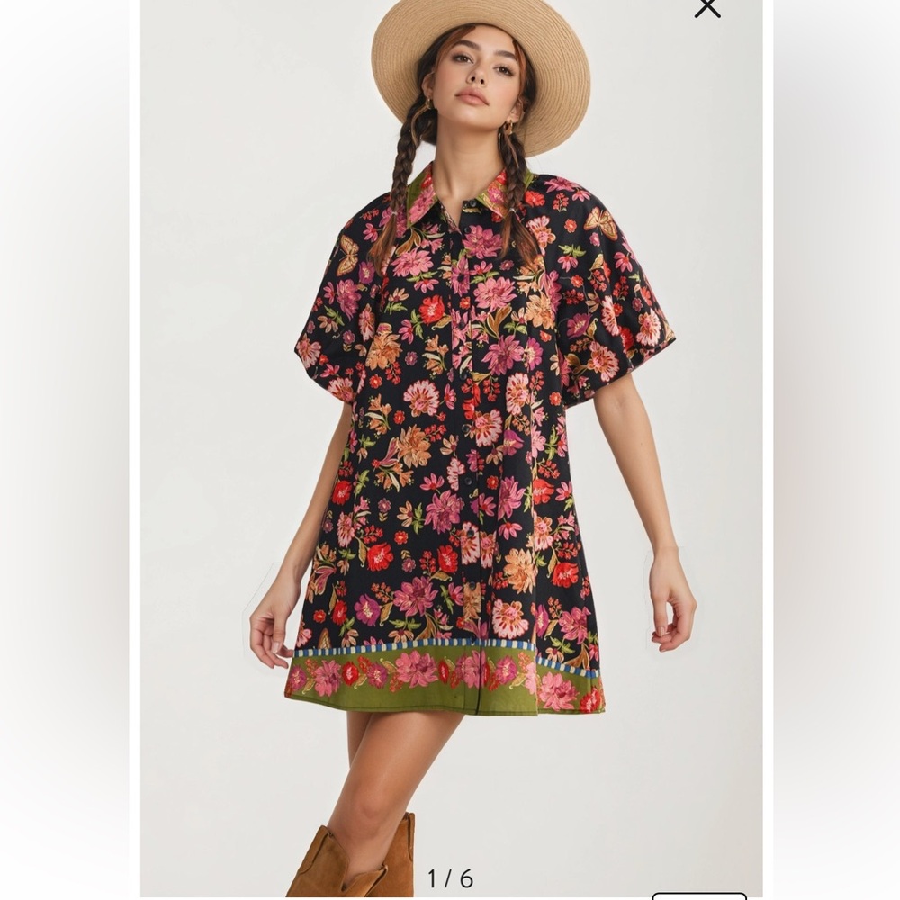 Floral Shift Shirt Mini Dress Green Hem Black Pink Button Front Spring S NEW